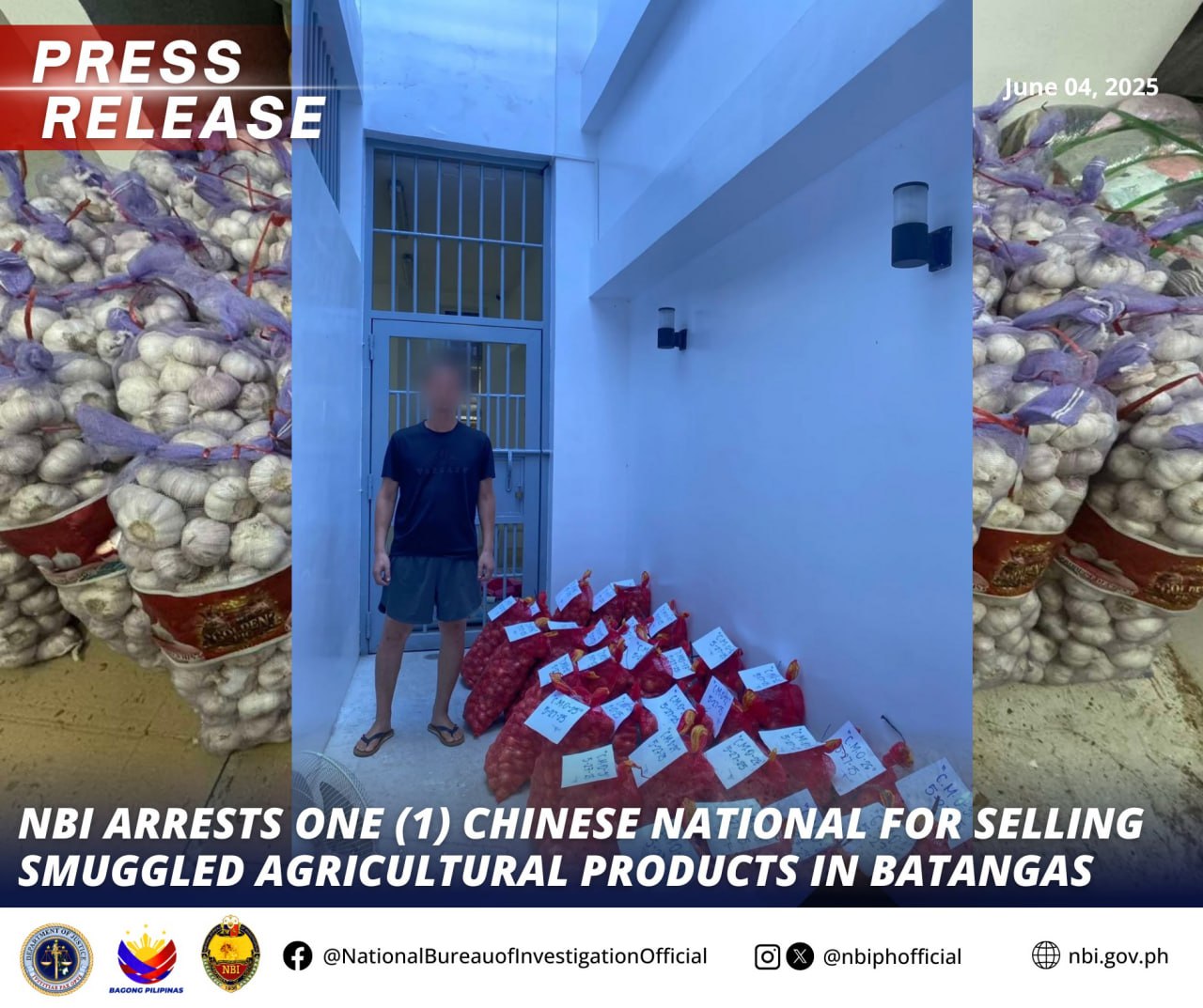 中国籍男子在八打雁省非法销售走私洋葱大蒜 被国家调查局当场逮捕